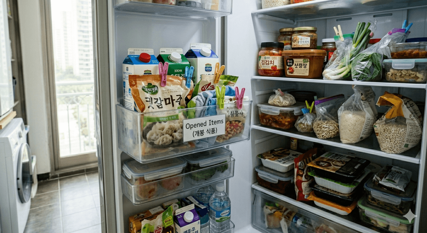 개봉한 식재료를 앞칸에 모아둔 냉장고 정리 사진