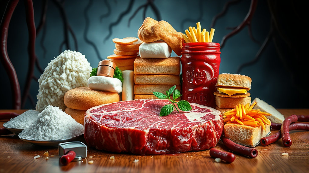 소금, 빵, 인스턴트 식품, 감자 튀김, 고기 등 혈관과 함께 그려진 모습