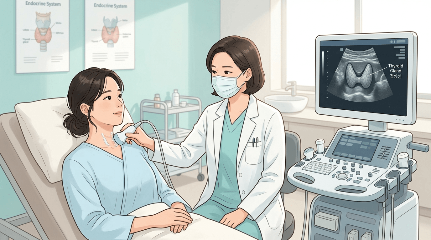 내분비내과 진료실에서 목 초음파를 받는 장면 일러스트