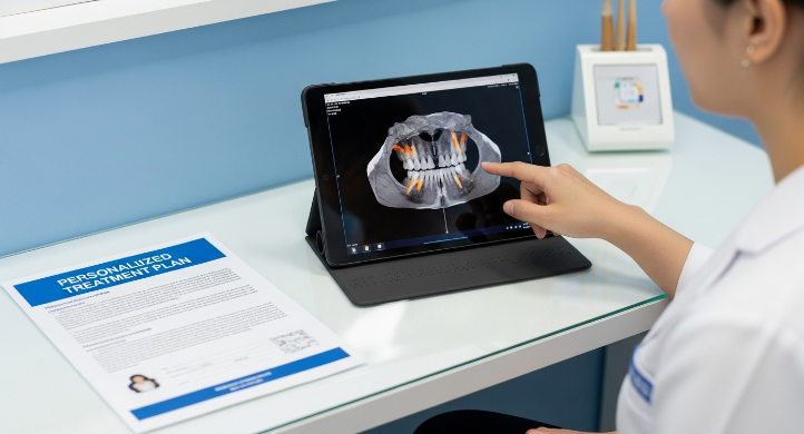 정밀 진단 장비로 3D 치아 스캔 결과를 확인하며 개인별 교정 계획을 설명하는 치과 전문의의 모습. 정확한 진단과 계획의 중요성을 나타냅니다.