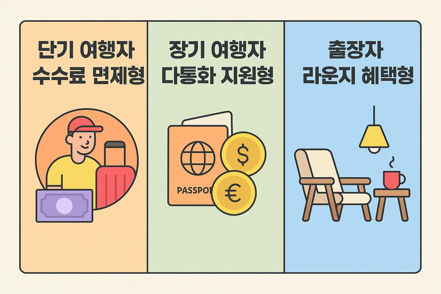 단기 여행자용 수수료 면제형, 장기 여행자용 다통화 지원형, 출장자용 라운지 혜택형 등 목적별 맞춤 트래블 체크카드 선택 인포그래픽