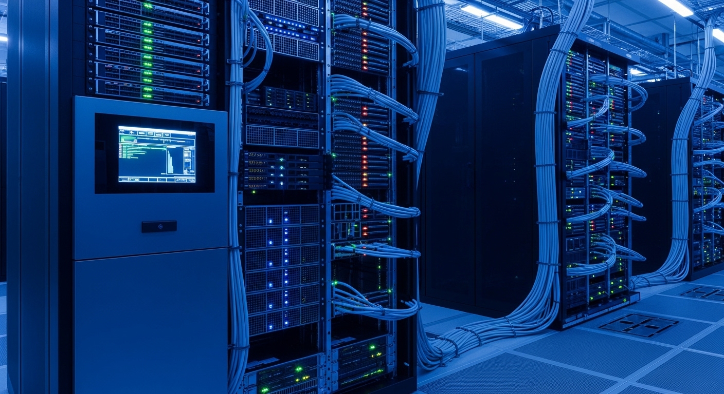 데이터 센터 내부의 대형 슈퍼컴퓨터 랙 이미지