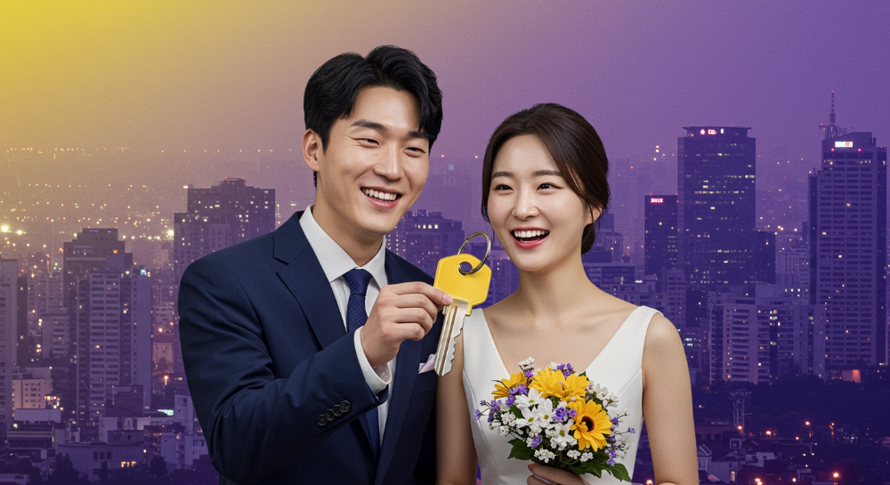 신혼부부가 새로운 아파트 열쇠를 보며 활짝 웃고 있고, 뒤로는 서울, 경기, 대전의 도시 풍경이 어우러져 있다. 신혼부부 임차보증금 지원을 통해 주거 안정을 찾은 모습을 상징한다.