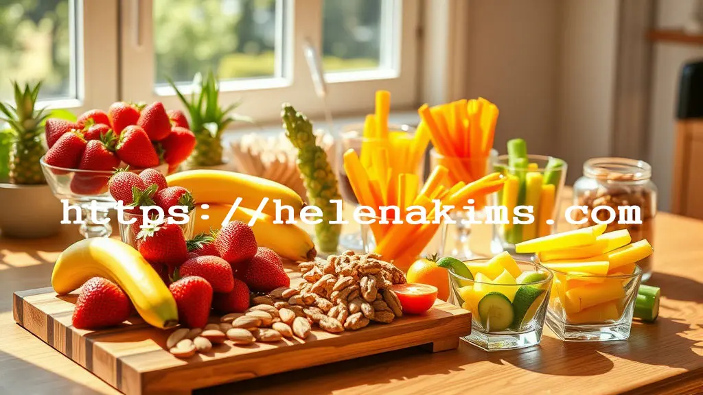 밝고 깨끗한 주방 식탁 위에 건강에 좋은 딸기, 바나나, 견과류, 야채스틱 등이 놓여 있는 이미지.
