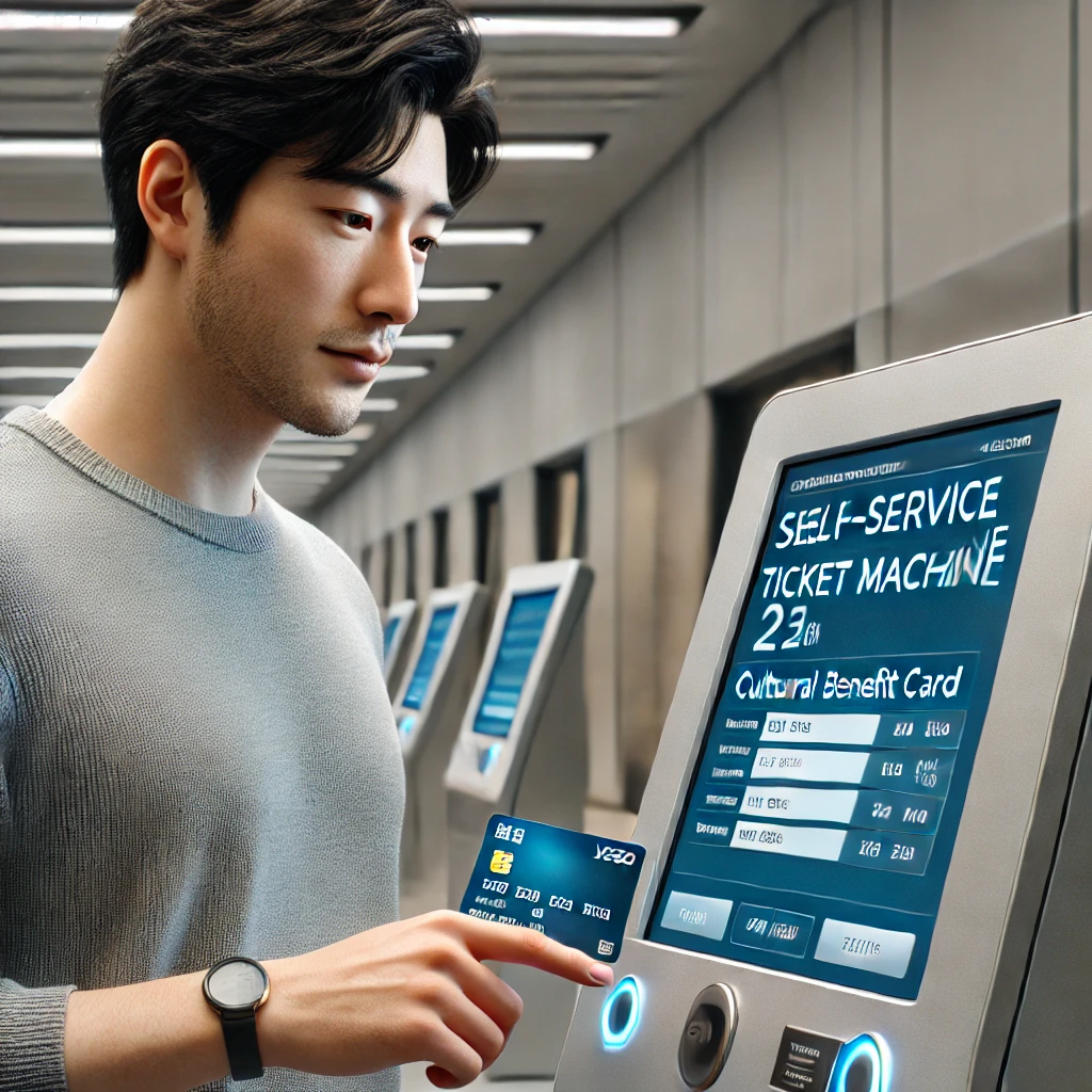 박물관 무인발권기에서 문화누리카드로 결제하는 한국 남성.