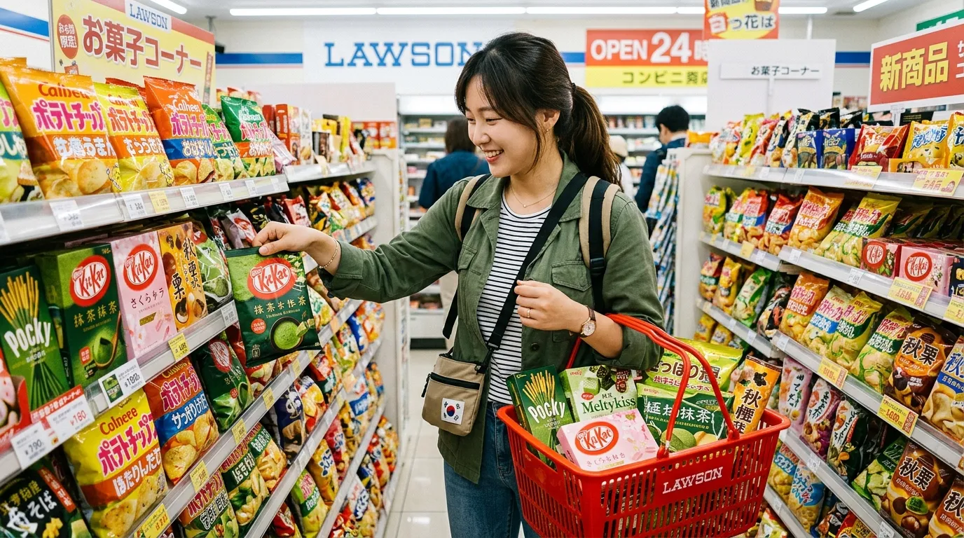 일본 편의점과 마트에서 한정 과자와 식품을 고르는 여행자