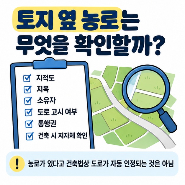 토지 옆 농로의 지목, 소유자, 도로 지정 여부를 확인하는 체크 그림