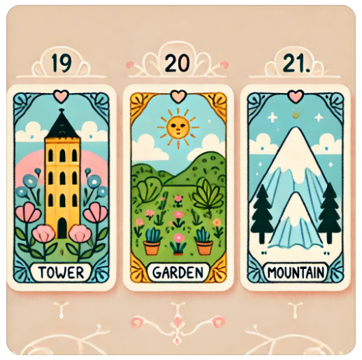 레노먼드 타로카드: 19번 타워, 20번 정원, 21번 산 카드