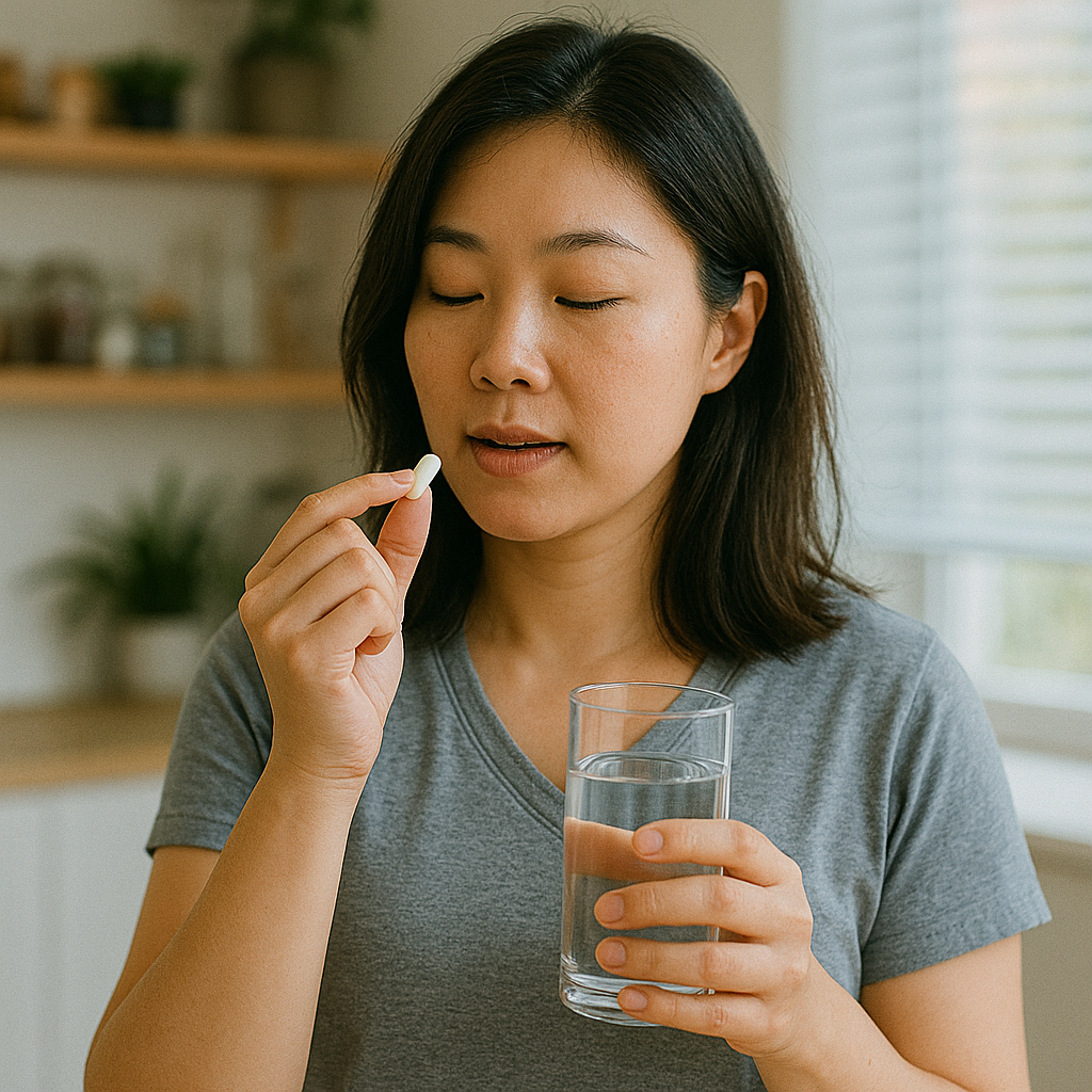 유산균을 공복에 복용하는 여성