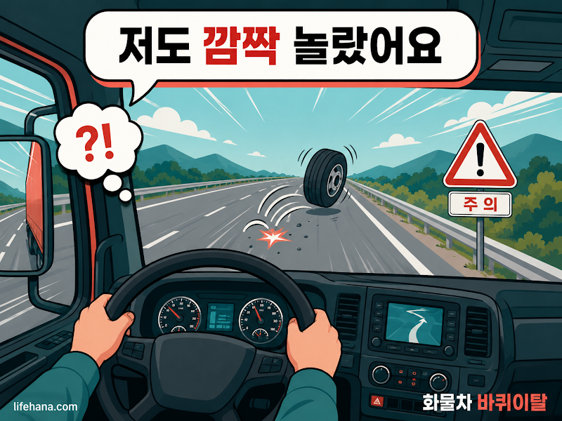 고속도로 위 대형 화물차의 안전 운행 캠페인과 바퀴 이탈 예방 가이드를 다룬 따뜻한 코랄 톤의 인포그래픽