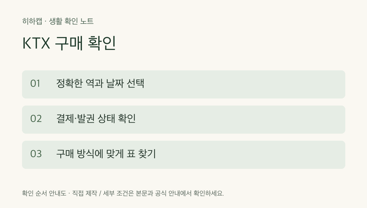 KTX 구매 확인 확인 순서: 정확한 역과 날짜 선택 → 결제·발권 상태 확인 → 구매 방식에 맞게 표 찾기