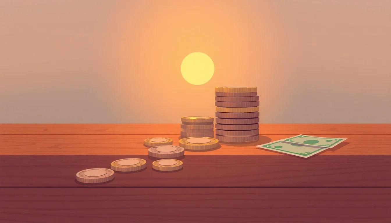 탁자 위에 놓인 동전 더미와 지폐.