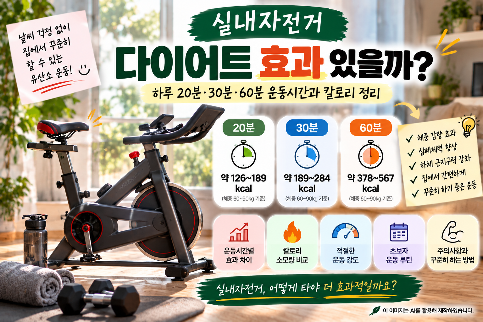 실내자전거 다이어트 효과와 하루 20분·30분·60분 운동시간별 칼로리 소모량, 적절한 운동 강도 및 초보자 운동 방법을 설명하는 이미지
