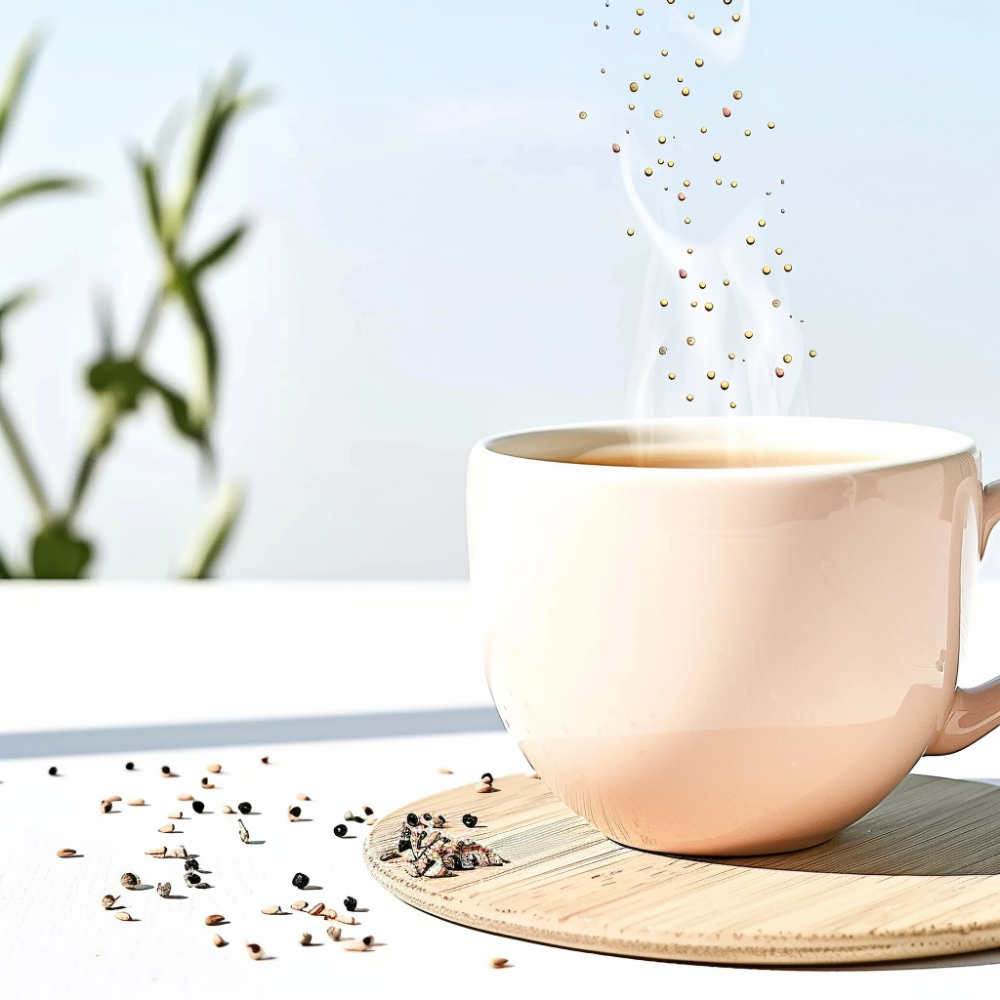 들깨차 한 잔과 들깨 알갱이가 어우러진 장면