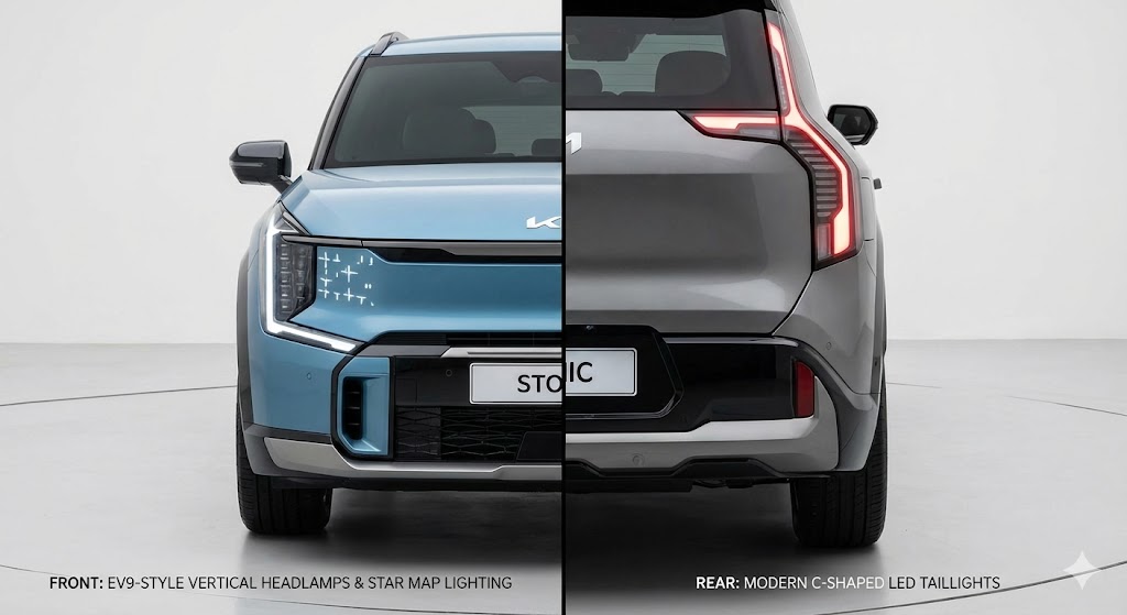 신형 스토닉의 전면부(EV9 닮은꼴)와 후면부 디자인을 클로즈업한 고화질 이미지