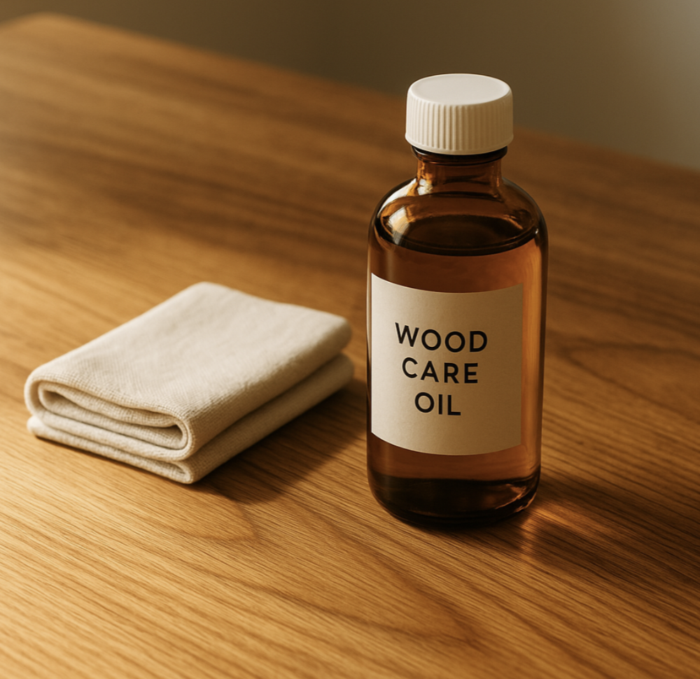원목 테이블 위 관리용 오일과 마른 천