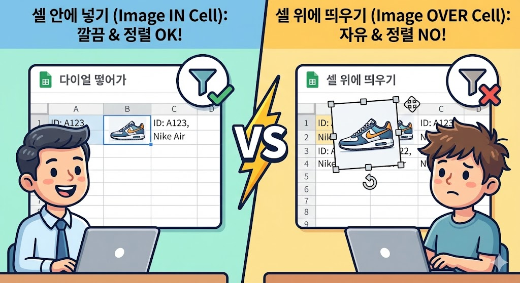 이미지 삽입의 모든 것: 셀 안에 넣기 vs 셀 위에 띄우기 차이점