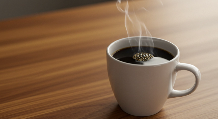 나무 책상 위 흰 컵에 담긴 따뜻한 블랙커피
