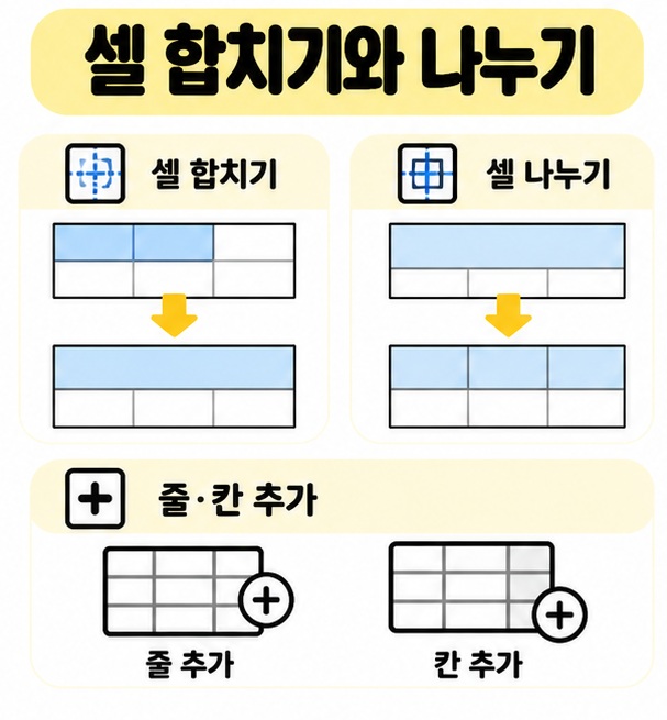 여러 셀을 합치고 하나의 셀을 다시 나누는 표 편집 과정을 비교한 카드