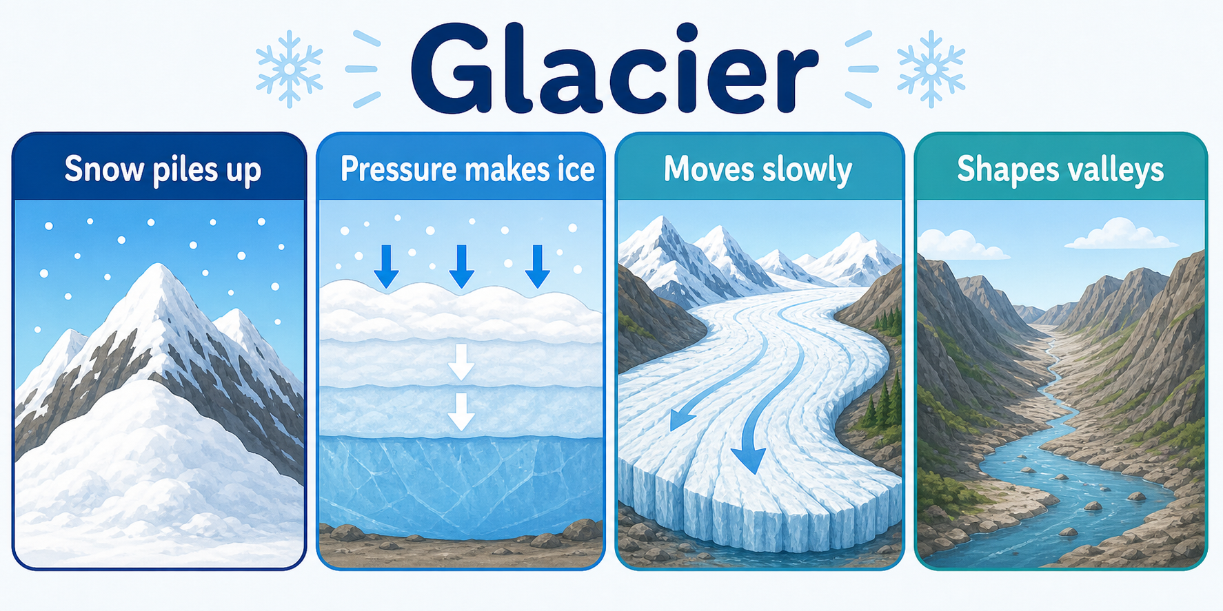 Infographic explaining snow piling up, pressure, ice, slow movement, and valley shaping