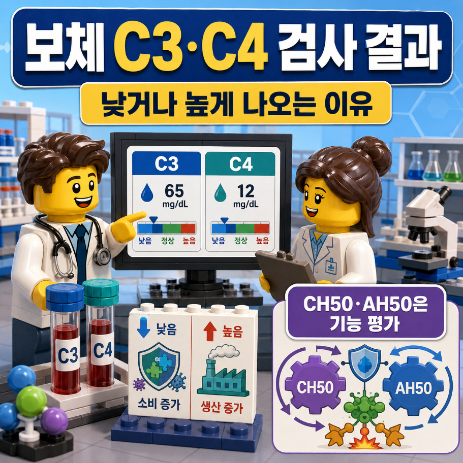 보체 C3·C4 검사 결과를 설명하는 레고 스타일 의료 인포그래픽으로 C3와 C4 수치, CH50·AH50 기능 평가의 차이를 시각적으로 표현한 이미지