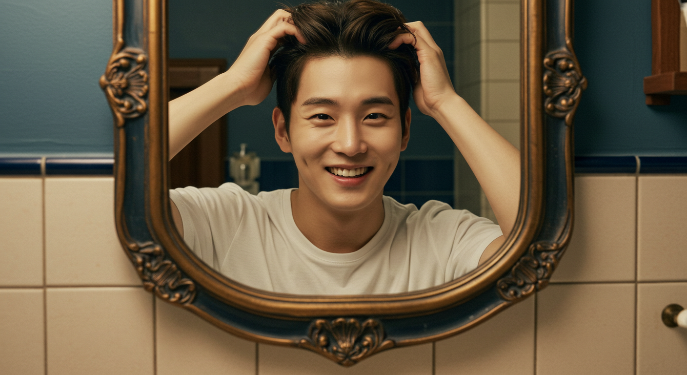 거울속 자신의 머리를 잡고 남성이 웃고 있는 모습