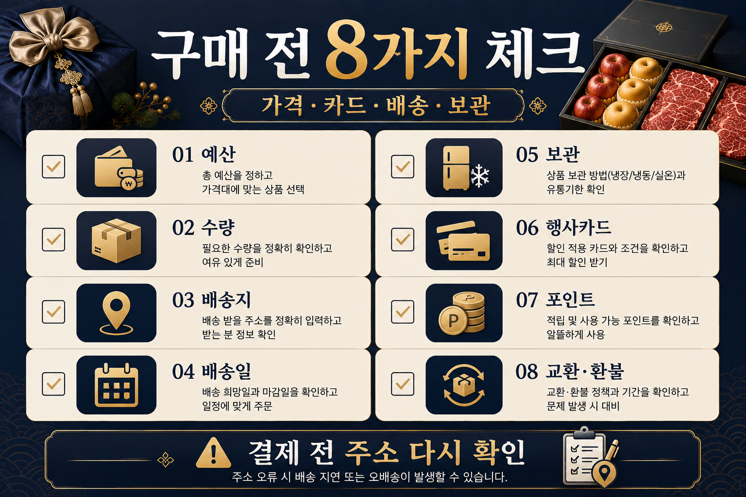 2026 추석 선물세트 사전예약 구매 전 예산 배송 카드 포인트 보관을 확인하는 체크리스트 이미지