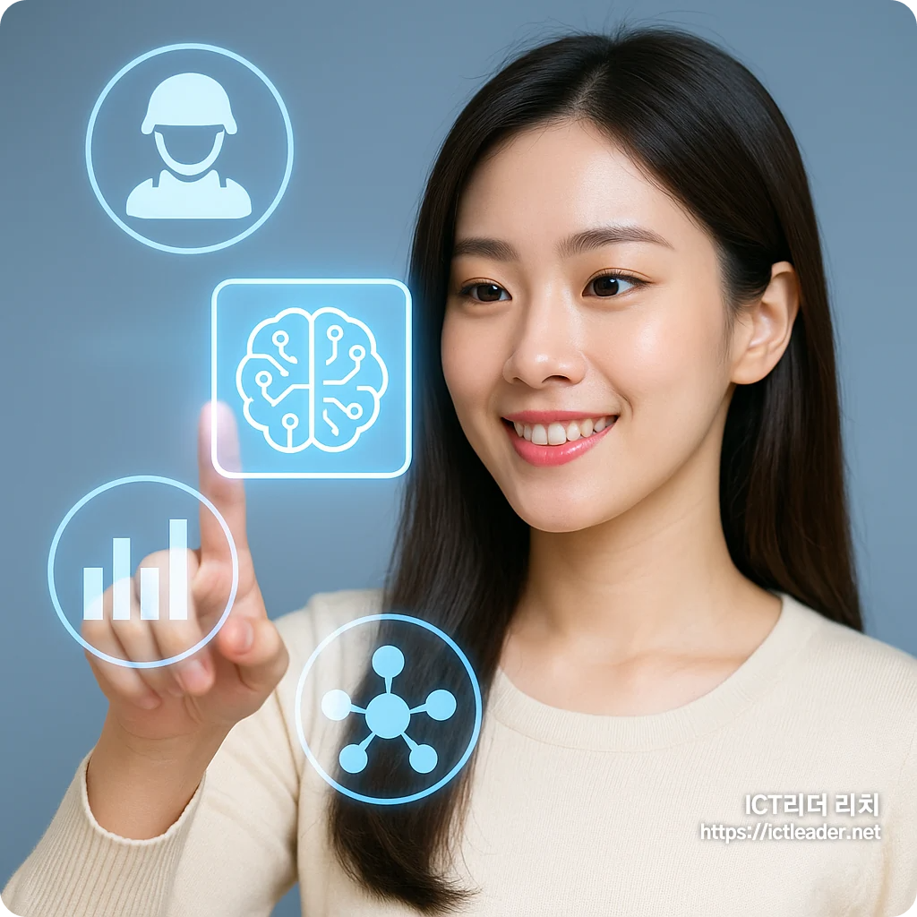 맑고 밝은 피부의 20대 여성 모델이 AI 브레인 인터페이스를 손끝으로 조작하는 미래형 데이터 상호작용 이미지