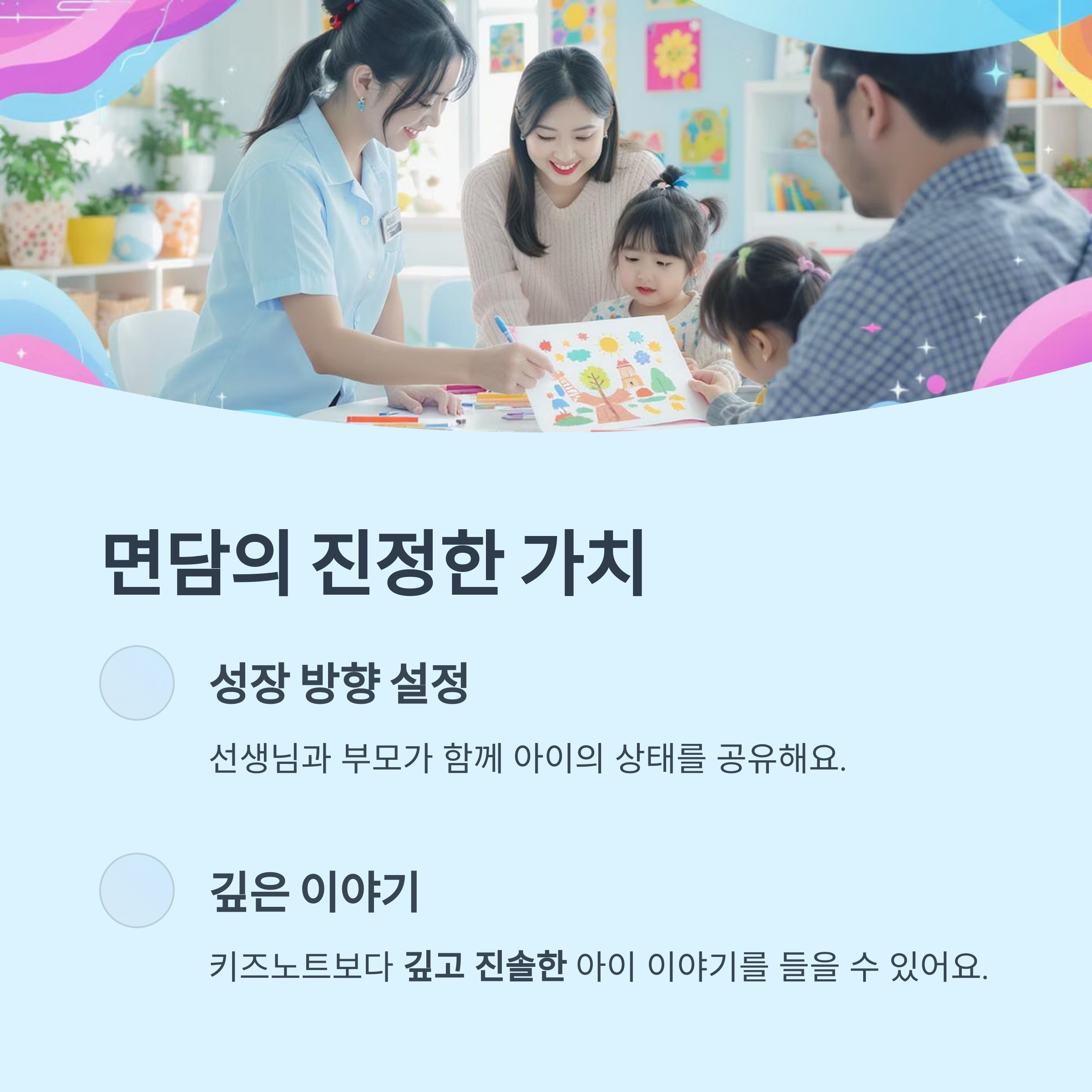 유아들과 함께 미술 활동을 하는 선생님과 부모님의 모습, &lsquo;면담의 진정한 가치&rsquo;라는 제목과 함께 성장 방향 설정, 깊은 이야기 항목이 적힌 인포그래픽