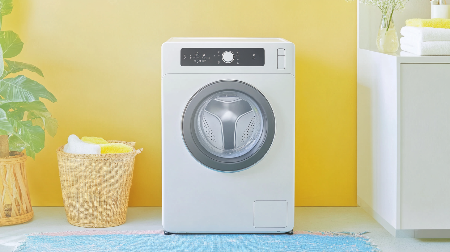 세련된 현대적 디자인의 삼성 세탁기가 디지털 터치 인터페이스와 AI 기능을 탑재하여 미니멀한 스타일의 세탁실에 배치되어 있는 모습