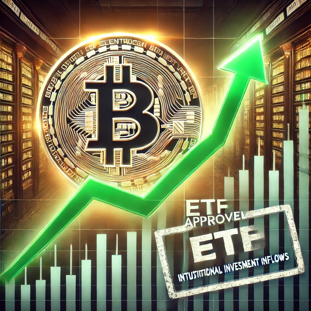 비트코인 ETF 승인 후 가격이 급등하는 모습을 나타낸 금융 차트 이미지입니다.