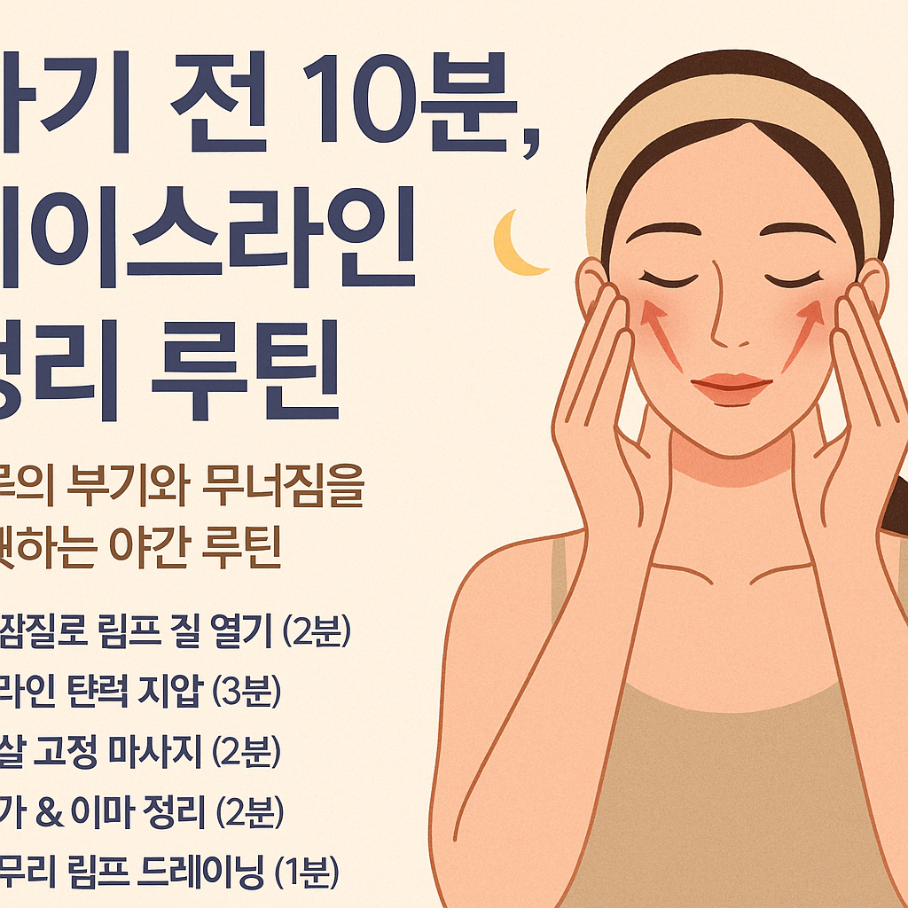 하루 마무리 전 페이스라인을 정리하고 얼굴 부기와 처짐을 개선하는 야간 루틴을 안내하는 한국어 인포그래픽 스타일 디지털 일러스트