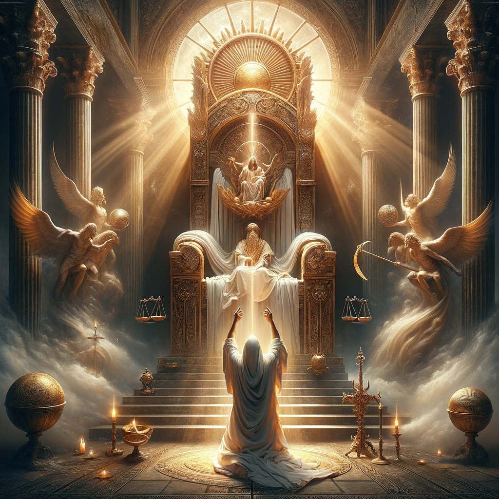 The image above captures the essence of a Psalmist expressing their faith in the eternal and just reign of God, portrayed through a scene that blends the divine with the earthly in a moment of profound spiritual declaration.