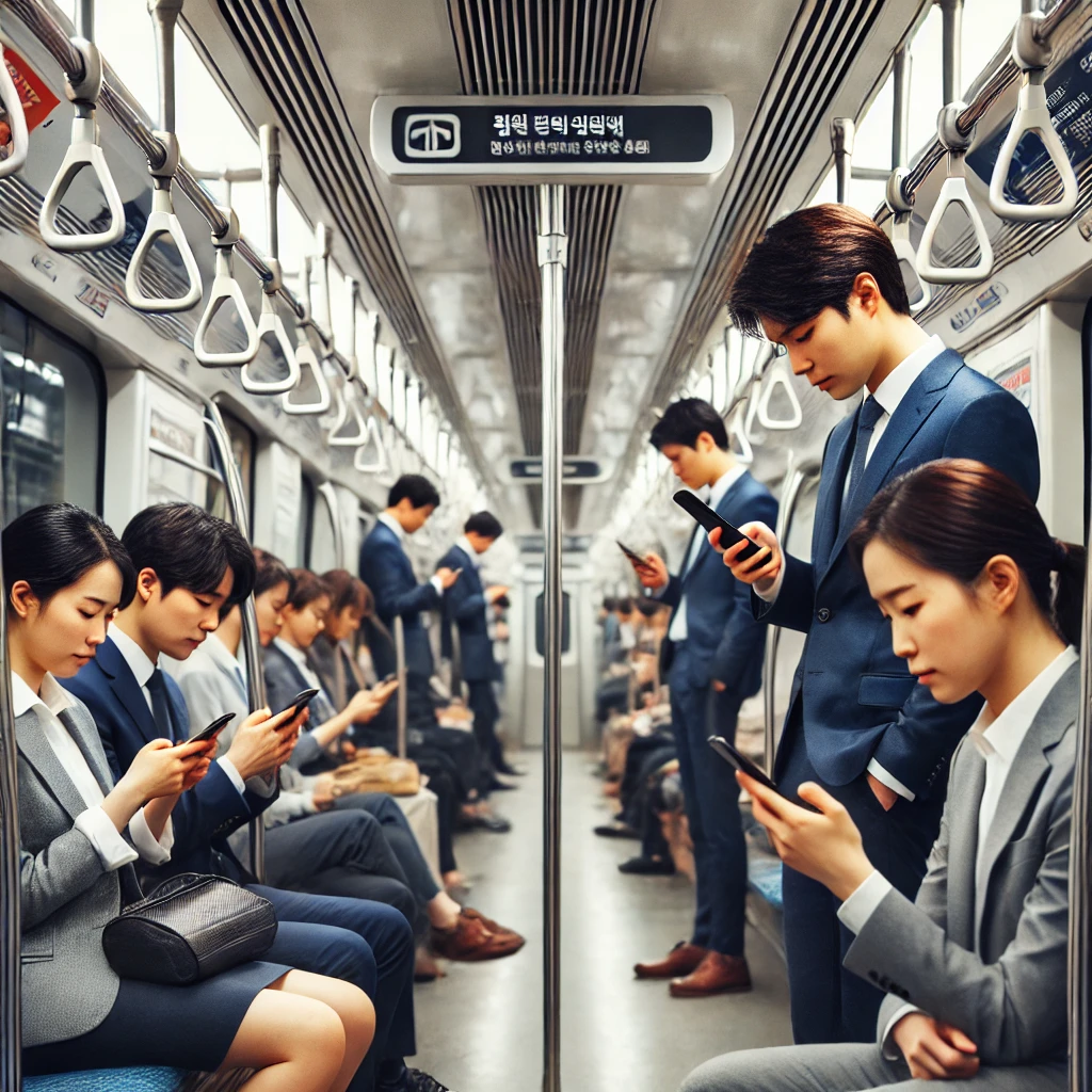 지하철 출퇴근하면서 핸드폰 사용하는 모습