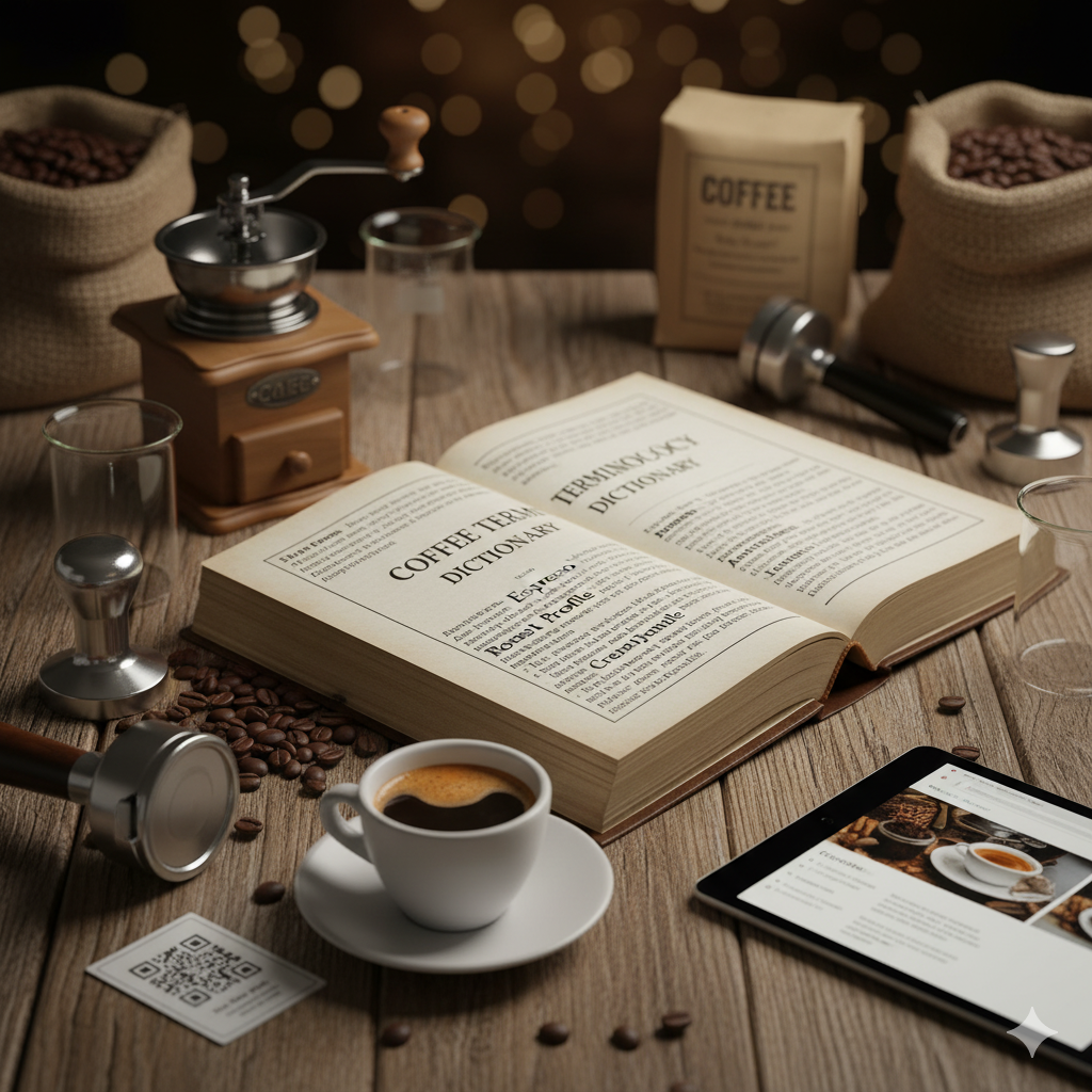 커피용어 사전 콘셉트의 테이블 위에 원두, 로스팅 도구, 에스프레소 잔이 함께 놓인 이미지(이미지 생성:google)
