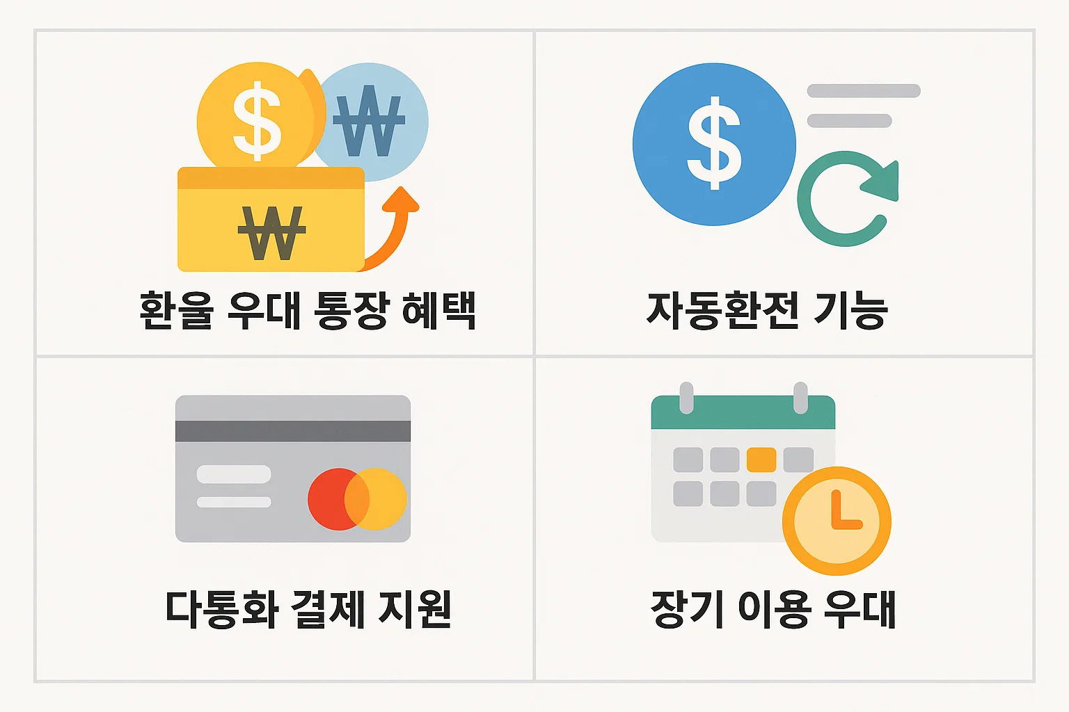 자동환전 기능, 다통화 결제 지원, 장기 이용 우대 등 달러 환율 우대 통장을 통해 얻을 수 있는 주요 혜택을 정리한 2025년 기준 인포그래픽