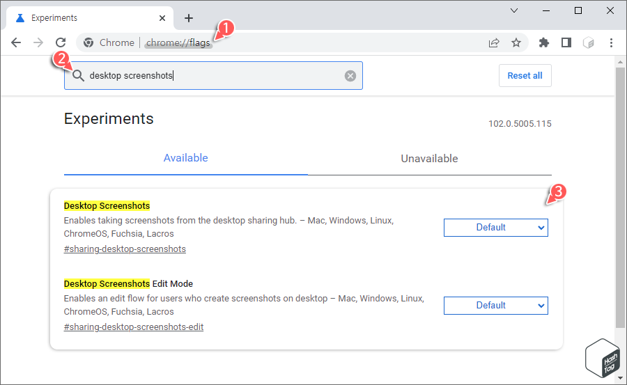 크롬 실험실 > Desktop Screenshots 검색