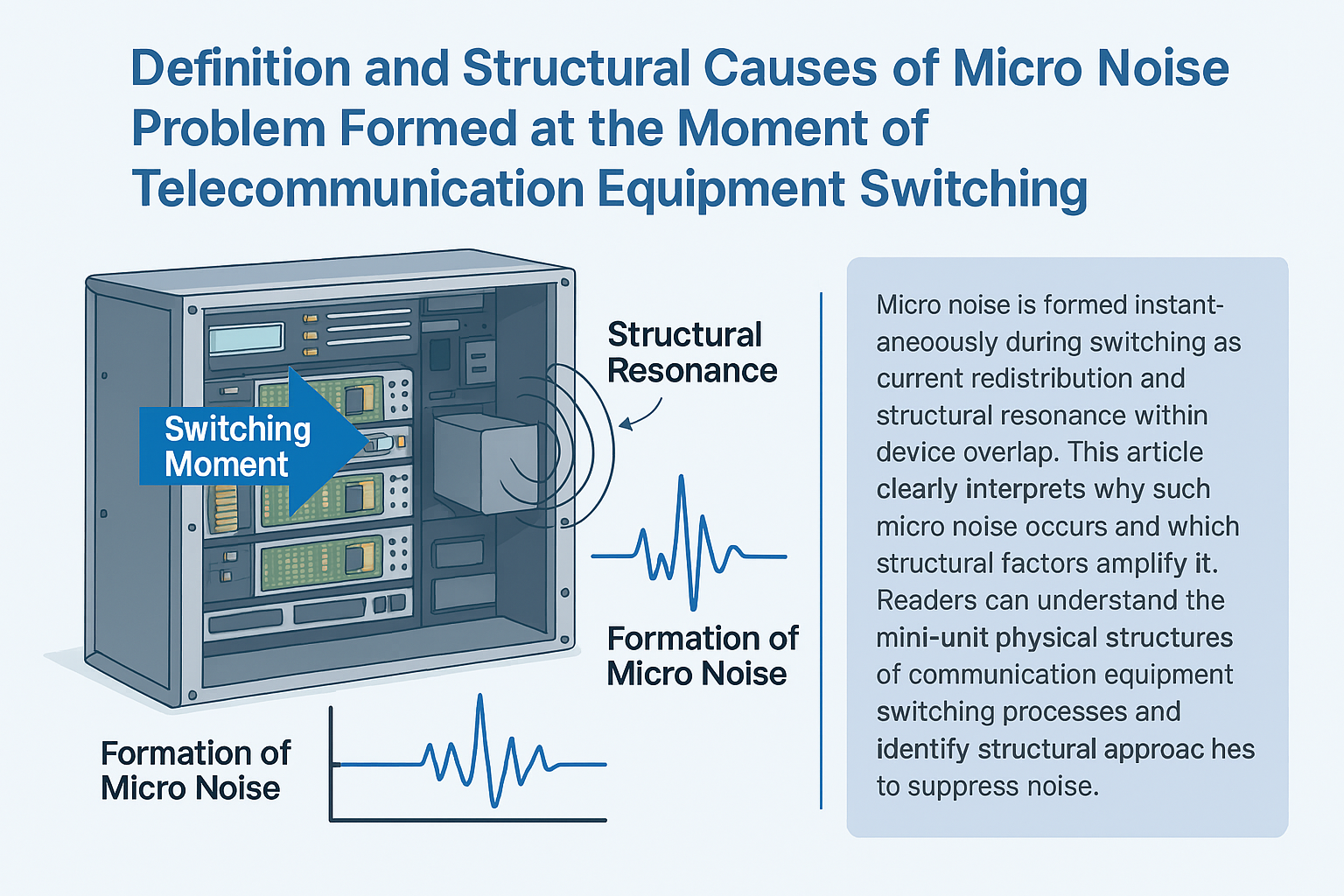 통신 장비의 스위칭 순간에 발생하는 미시소음의 구조적 원인을 중심으로, 회로 내부의 전류 재분배, 구조적 공진, 열적 변위가 겹쳐지는 장면을 시각화한 이미지