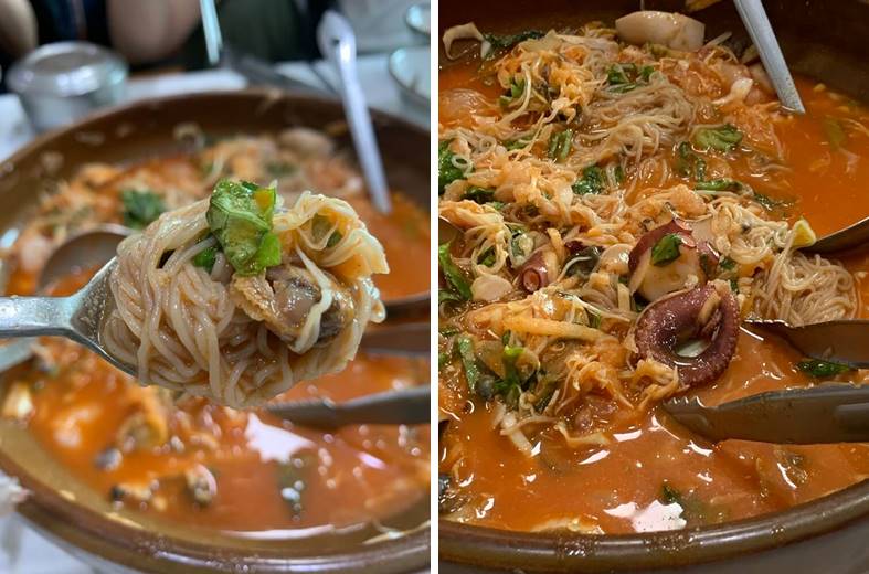 냉면사리와 남은 해산물을 같이 먹는 모습