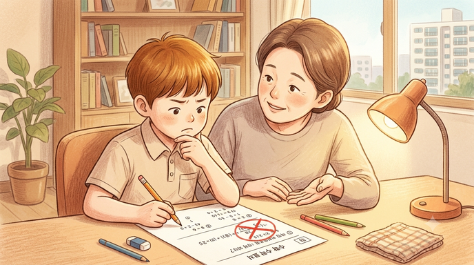 오답 문제 앞에서 생각하는 아이