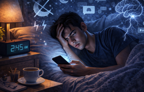 새벽까지 스마트 폰을 보면서 수면을 취하지 못하는 장면