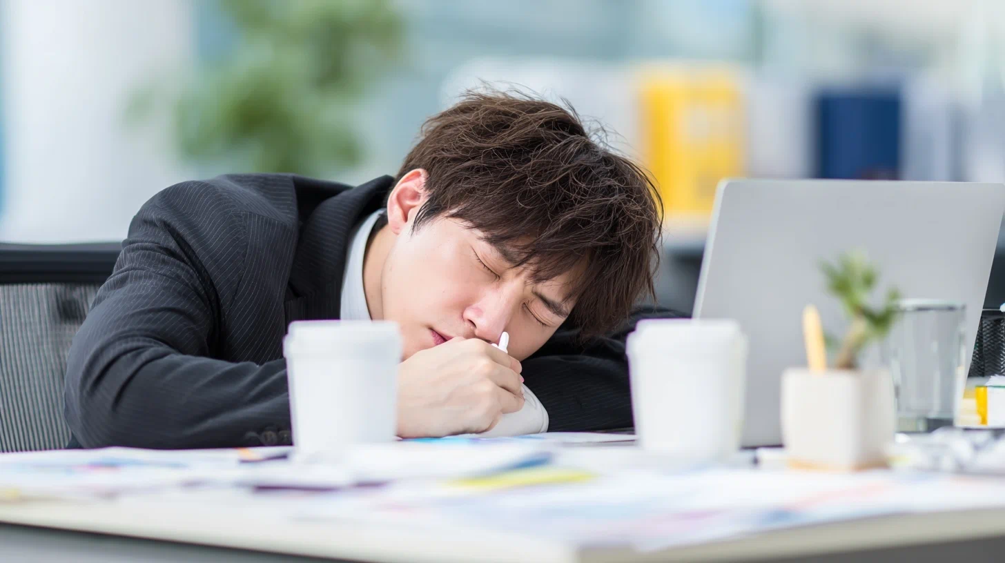 낮 시간 활동 중 가벼운 졸림을 느끼는 사람 이미지