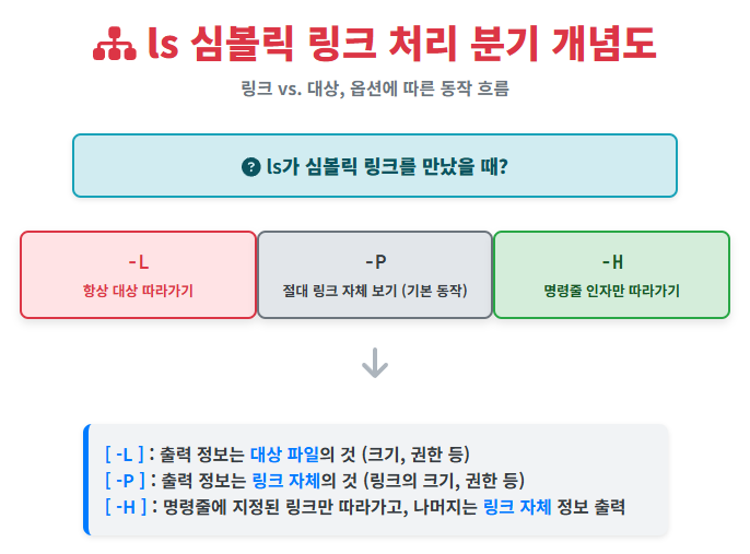 ls -L, -P, -H 옵션에 따라 심볼릭 링크 자체를 보여줄지, 대상 파일을 따라가서 보여줄지를 비교한 다이어그램