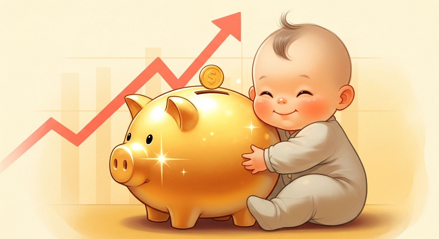 Warm illustration of a baby hugging a golden piggy bank, with an upward-trending red arrow graph in the background.