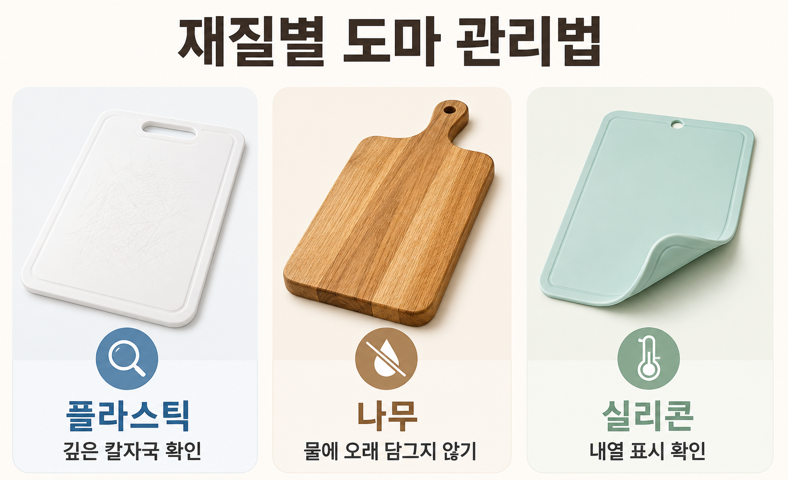 플라스틱 나무 실리콘 도마의 재질별 관리 방법과 주의사항 비교