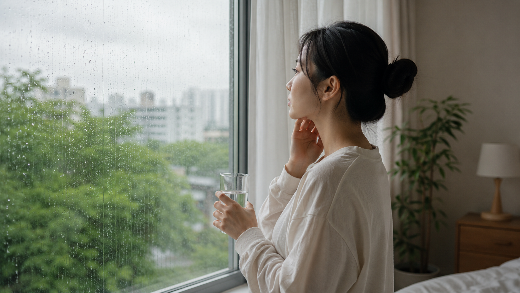 비 오는 초여름 아침에 물컵을 들고 창가에 서 있는 사람의 모습