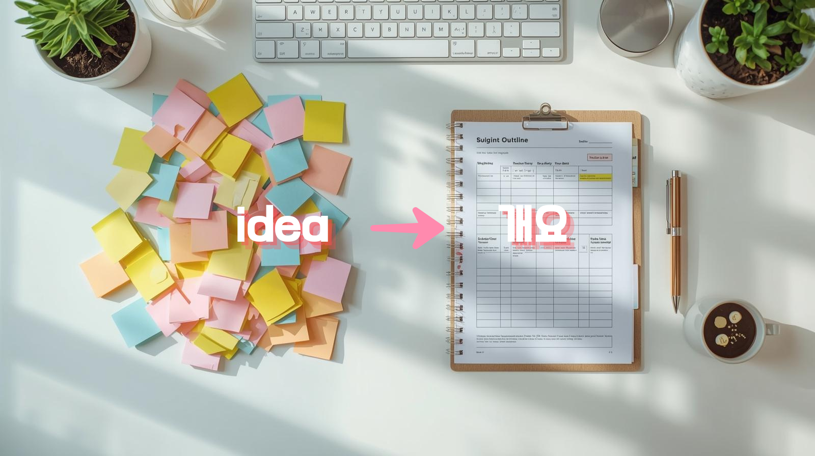 좌우 사진, 왼쪽은 흩어진 메모, 오른쪽은 한장의 노트에 깔끔하게 정리된 개요서류