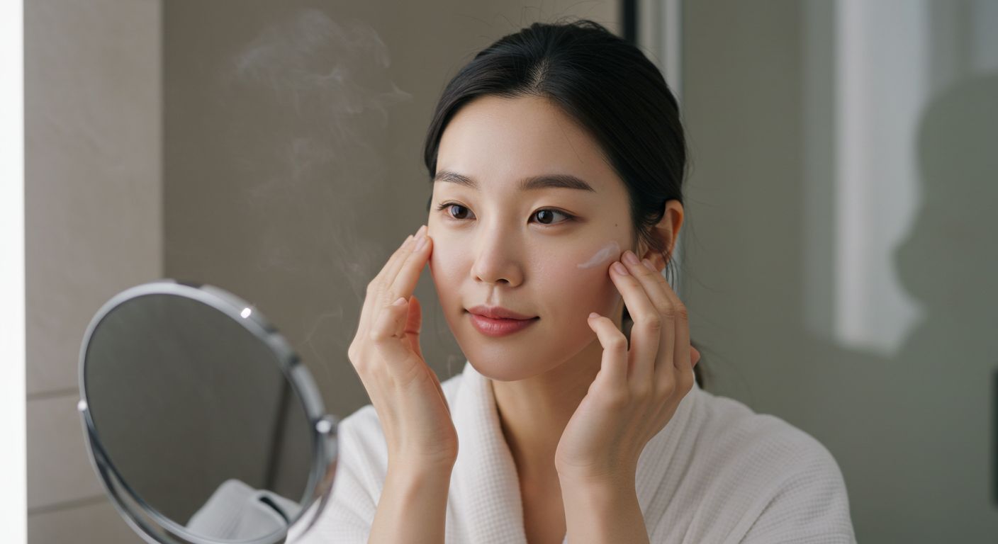 A woman in front of a mirror applying moisturizer on her face