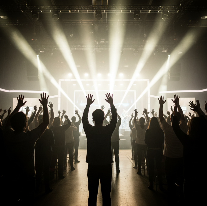 오디션 프로그램 무대 현장, 화려한 무대 조명과 환호하는 팬들의 실루엣이 담긴 역동적인 공연장 이미지