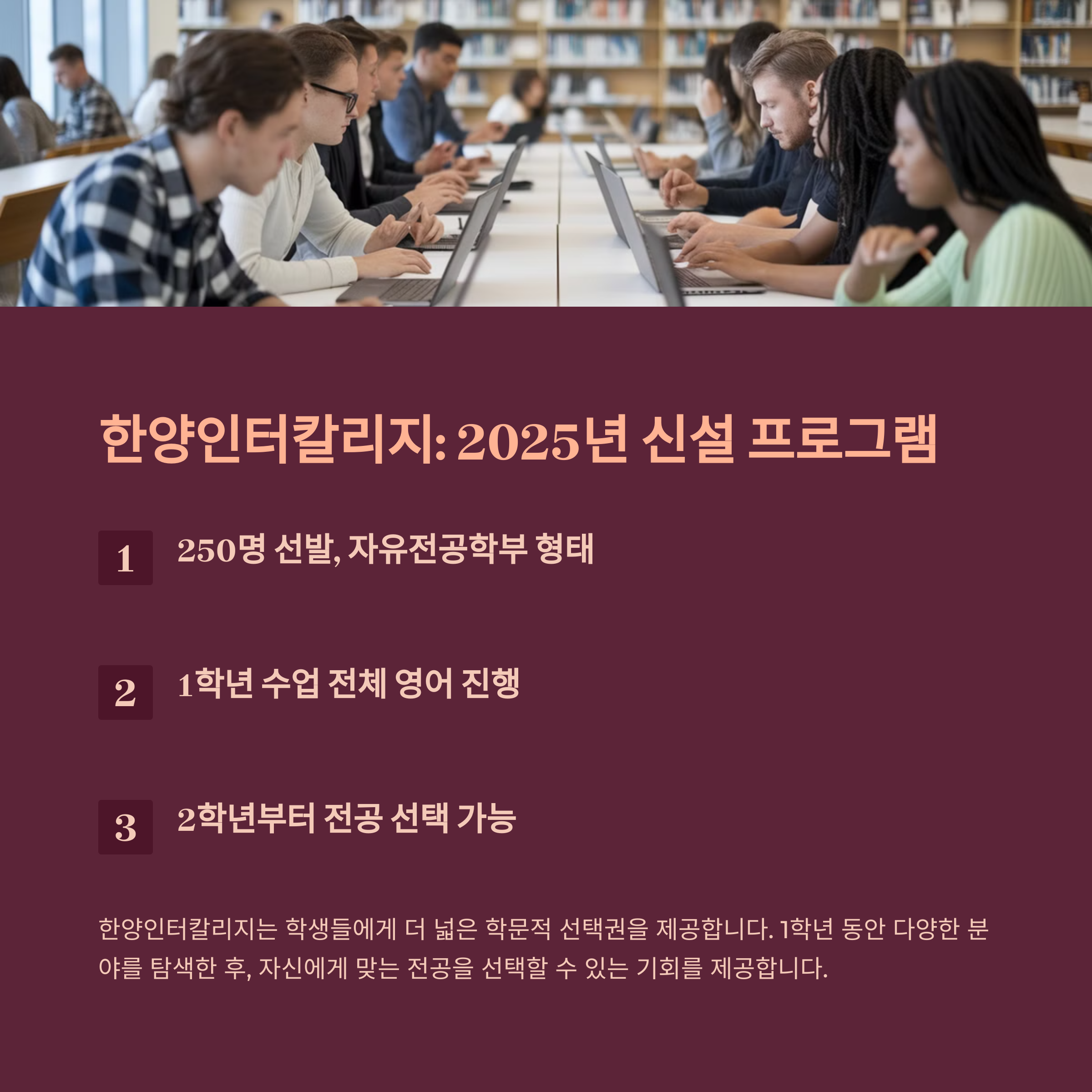 “한양인터칼리지 2025년 신설 프로그램 안내. 250명 선발, 1학년 수업 전체 영어 진행, 2학년부터 전공 선택 가능. 융합 교육을 위한 새로운 학제 시스템 소개.”